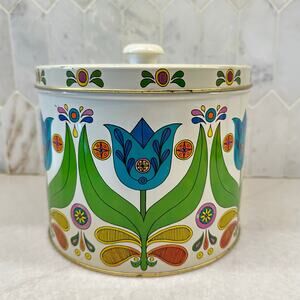 Vintage 70s Tulip Flower Retro Bisquick Recipes Tin Canister with Knob Lid